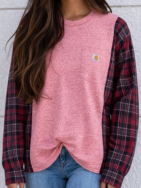 Carhartt Upcycled Pink Red Relaxed Casual Western Two Tone Flannel Shirt
